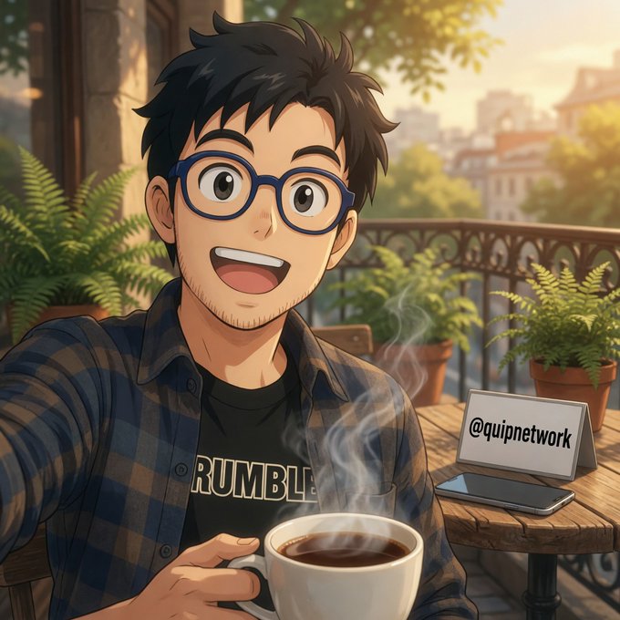 The image features a man wearing glasses sitting at an outdoor table with a cup of coffee in front of him. The man has a smile on his face as he looks directly into the camera, giving off a friendly vibe. There are potted plants around the scene, adding a touch of nature to the setting. The post includes text that reads "Good afternoon, legend! Friday vibes are just hitting- coffee in hand, finishing the week, and still thinking about @quipnetwork". This suggests that the man is enjoying his time outdoors while also being connected to social media and sharing his experience with others through a post on Quip network.