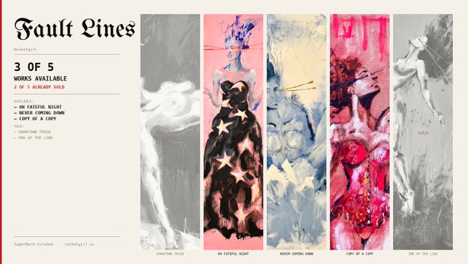 The image features a poster for an art exhibition called "FAULT LINES" by a group of artists, including two painters and one sculptor. The poster displays four paintings arranged vertically with each painting representing a different artist's work. The first painting is from the artist DOWNTOWN TRAIN (1.25E to SJ_Keef), while the second painting is from the artist END OF THE LINE (0.55E). The third painting is by the artist SPITINGERS (0.61E), and the fourth painting is by the artist I AM SO HAPPY WITH THE LOVE YOU guys have shown this important work (0.65E).