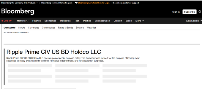 A Bloomberg terminal page displays a profile for "Ripple Prime CIV US BD Holdco LLC," noting it was formed for issuing debt securities to repay credit facilities and refinance indebtedness—confirming the $275M private bond issuance by Ripple's broker-dealer subsidiary (formerly Hidden Road) noted in the post.