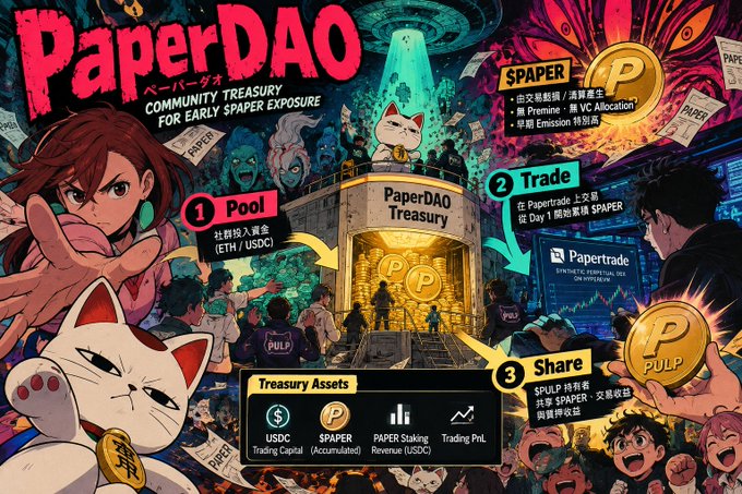 A colorful infographic for 'PaperDAO - ペーパーダオ' showing Pool, Trade, and Share steps around a 'PaperDAO Treasury', with Treasury Assets including USDC, $PAPER, and Paper Staking Revenue (USDC).