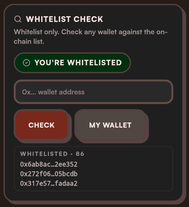 A "Whitelist Check" tool displays "YOU'RE WHITELISTED" status for the $TART presale, showing 86 of 250 wallets approved with sample addresses like 0x6ab8ac...2ee352, 0x272f06...05bcdb, and 0x317e57...fadaa2. The interface allows users to verify wallet eligibility against the on-chain list, aligning with the post's emphasis on the careful, merit-based selection of 86 dedicated holders out of 250 total spots.