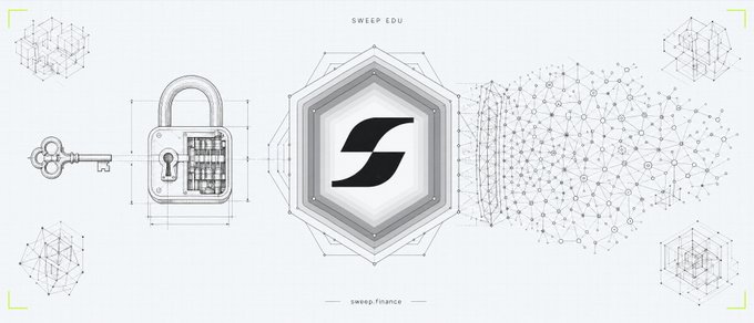 The image is a stylized graphic featuring a padlock and key dissolving into a geometric network, with the text "SWEEP EDU" at the top and "sweep.finance" at the bottom, centered around an octagonal logo containing a stylized "S." It visually reinforces the post's message about quantum resistance, depicting traditional cryptographic security (the lock and key) transforming or breaking apart into a decentralized network of nodes—symbolizing how legacy encryption like Bitcoin's is vulnerable to quantum computing, while suggesting a shift toward new, quantum-resilient solutions.