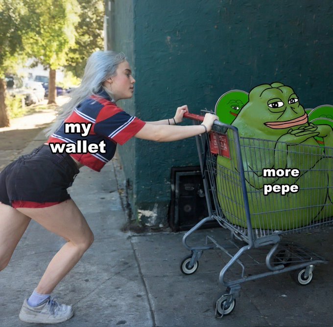 A meme image showing a woman straining to push a shopping cart containing a Pepes figure, with text labels 'my wallet' on the woman and 'more pepe' on the shopping cart.