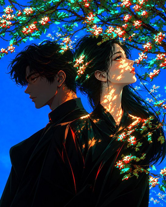 The image shows an anime-style male and female standing beneath red flowers against a blue sky, with light filtering onto them as they face opposite directions. It complements the "GM to the real ones" morning greeting post, symbolizing partnership and rising together toward success.