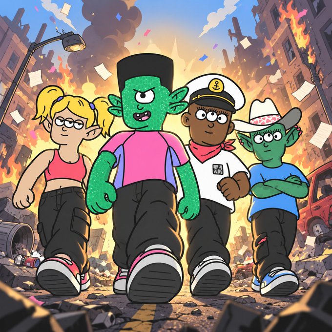 A cartoon-style illustration features four characters walking confidently through a destroyed city with explosions and fire in the background, including a green-skinned figure with an undercut, a blonde girl in a crop top, a sailor, and a green figure in a cowboy hat.