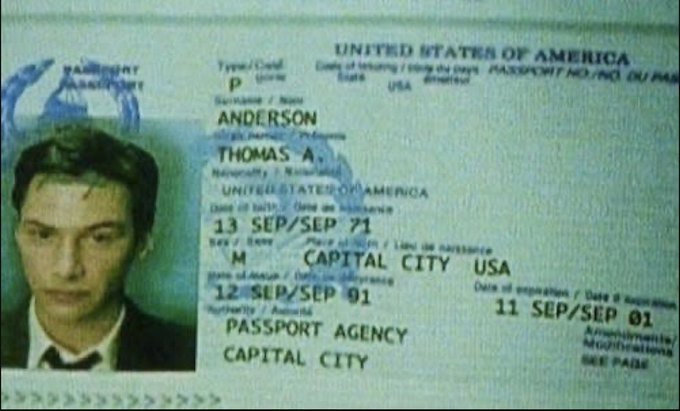 A United States passport issued to "Anderson, Thomas A." displays a date of birth of 13 SEP 71 and an expiration date of 11 SEP/SEP 01, with the image serving as a humorous companion to the claim that Neo's passport in The Matrix also expires on 9/11.