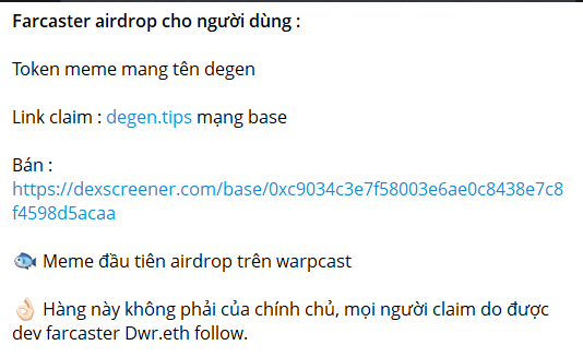 Vietnamese text announcing a Farcaster airdrop for users of a meme token called 'degen' with claim link degen.tips on Base network, including DexScreener link.