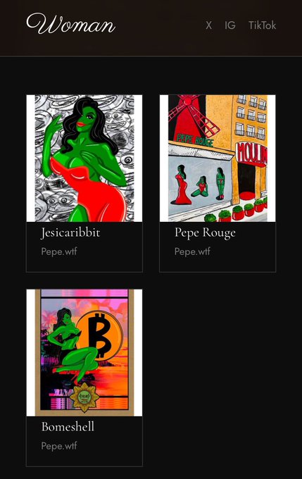 A digital gallery or NFT collection page titled "Woman" displaying three Pepe-themed artworks: "Jesicaribbit," "Pepe Rouge," and "Bombshell," all tagged with 'Pepe.wf'.