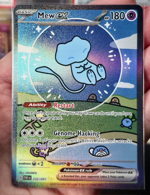 A hand holds a shiny holographic Pokémon trading card featuring Mew ex, which has 180 HP and the abilities "Restart" and "Genome Hacking." The bubbly, joyful design of the floating Mew creature perfectly matches the post's playful invitation to "start your day the bubbly way like Mew."