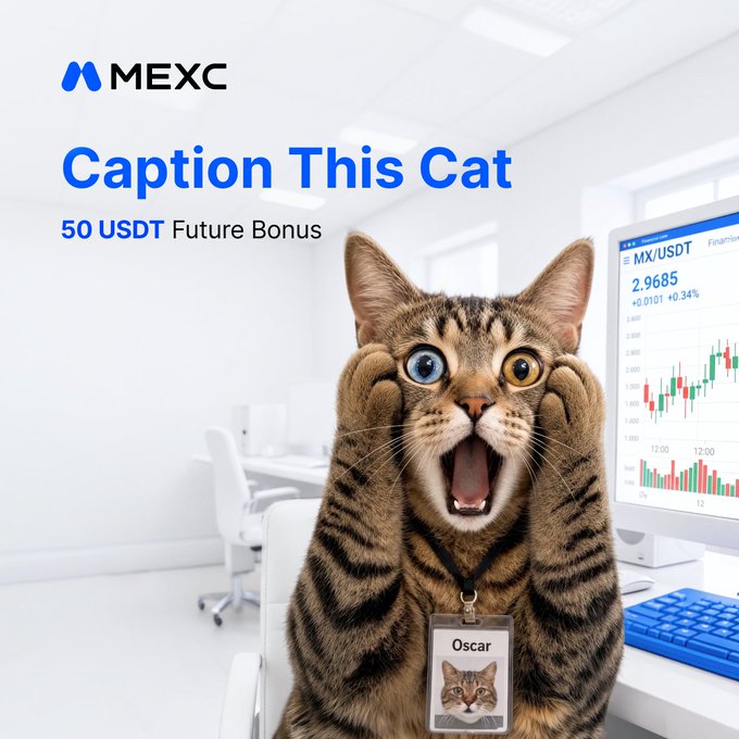 A MEXC 'Caption This Cat' promotional image featuring a surprised-looking tabby cat wearing an 'Oscar' ID badge, with a 50 USDT Future Bonus offer.