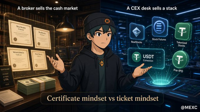 An anime-style illustration of a person between two scenes labeled 'A broker sells the cash market' (showing certificates) and 'A CEX desk sells a stack' (showing digital assets like RealStocks, Stock Futures, Tokenized Stocks, USDT, and Pre-IPO), with text at the bottom reading 'Certificate mindset vs ticket mindset' and '@MEXC'.