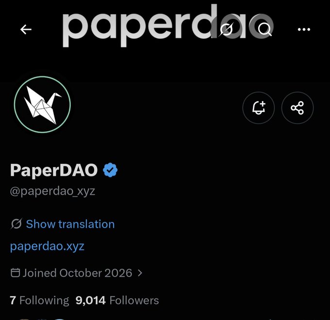 A Twitter/X profile page for 'PaperDAO' (@paperdao_xyz) showing an origami bird logo, a join date of October 2026, and 9,014 followers.