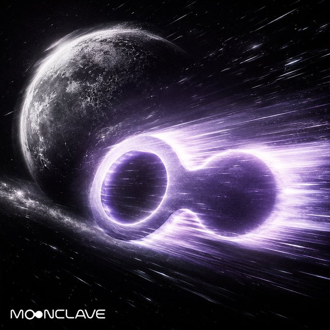 The image shows a cosmic scene with a glowing purple wormhole or portal beside a cratered moon, streaked with light trails against a starfield, with the "MOONCLAVE" logo at the bottom. The interstellar imagery visually reinforces the post's message about $MCV, symbolizing the bold leap of faith required to back conviction with real market positions rather than empty words.