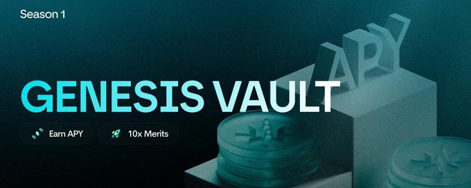 A promotional graphic for HertzFlow's Season 1 "Genesis Vault," featuring bold text that reads "GENESIS VAULT" alongside badges highlighting "Earn APY" and "10x Merits," with 3D rendered coins and "APY" letters on pedestals in the background, visually reinforcing the post's announcement of the first pre-deposit opportunity offering airdrop-weighted Merits and variable yield.
