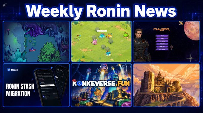 A 'Weekly Ronin News' banner featuring six game thumbnails including Ronin Stash Migration, KONEVERSE.FUN, and other gaming projects.