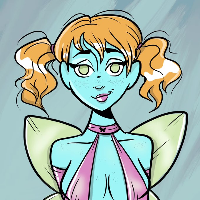 An illustrated cartoon-style character with light blue skin, blonde pigtails tied with bands, freckles, and a pink and green fairy-like outfit against a blue background.