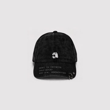 A black distressed/washed cotton baseball cap with white embroidered text reading 'NINT IS INFINITUS / SELF-BUILT / AN D.M. / DESTRUCTORS' on the front, displayed on a plain white background.