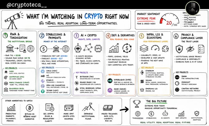 The image is a crypto market infographic by @cryptoteca_ titled "What I'm Watching in Crypto Right Now," highlighting six major themes: RWA & Tokenization (with BlackRock, Ondo, Maple, and Centrifuge noted), Stablecoins & Payments (USDS, $300B+ market cap), AI x Crypto (Bittensor, Render), DeFi & Derivatives (Hyperliquid, Aave), Infrastructure/L1s/L2s (Ethereum, Solana, Berachain), and Privacy & Compliance Layer (Zama, Midnight). The post specifically aligns with the "RWA & Tokenization" section, which notes RWA TVL exceeding $20B and Solana crossing $8.7B in tokenized assets, featuring projects like Ondo, Maple, Centrifuge, and BlackRock's BUIDL—reinforcing the narrative that tokenization is a leading institutional trend alongside an "Extreme Fear" market sentiment reading of 20.
