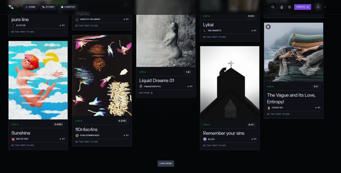 The image displays a dark-themed NFT marketplace interface featuring a grid of artwork cards, prominently including "Liquid Dreams 01" by TransientLabs and "Remember your sins" with a 0.17 bid.