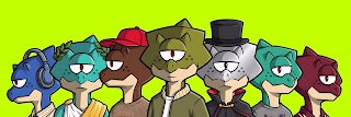 A cartoon illustration showing a row of stylized animal characters wearing various hats against a bright green background.
