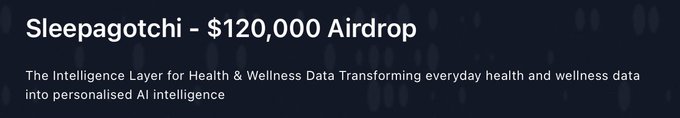 A promotional graphic for Sleepagotchi announcing a $120,000 SLEEP token airdrop, described as "The Intelligence Layer for Health & Wellness Data." The image ties directly to the post's announcement about a Nucleus-powered campaign distributing rewards to top 300 leaderboard participants.