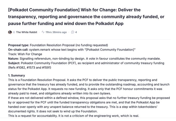 A Polkadot Community Foundation proposal titled 'Wish for Change: Deliver the transparency, reporting and governance the community already funded, or pause further funding and wind down the Polkadot App' submitted by The White Rabbit, requesting accountability on prior funding for refs #1082, #1573, and #1591.