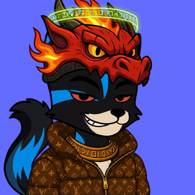 Digital art of a cartoon character wearing a red dragon mask, a halo with runes, and a Louis Vuitton patterned jacket.