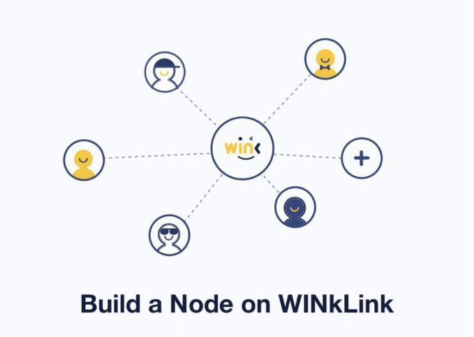 A diagram showing a central 'WINK' logo connected to several user icons and a plus sign, with the text 'Build a Node on WINKLink' beneath it.