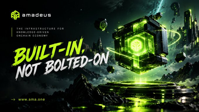 A promotional graphic for 'amadeus' with the tagline 'THE INFRASTRUCTURE FOR KNOWLEDGE-DRIVEN ONCHAIN ECONOMY' and bold text 'BUILT-IN, NOT BOLTED-ON' alongside a futuristic green glowing cube structure and the website www.ama.one.