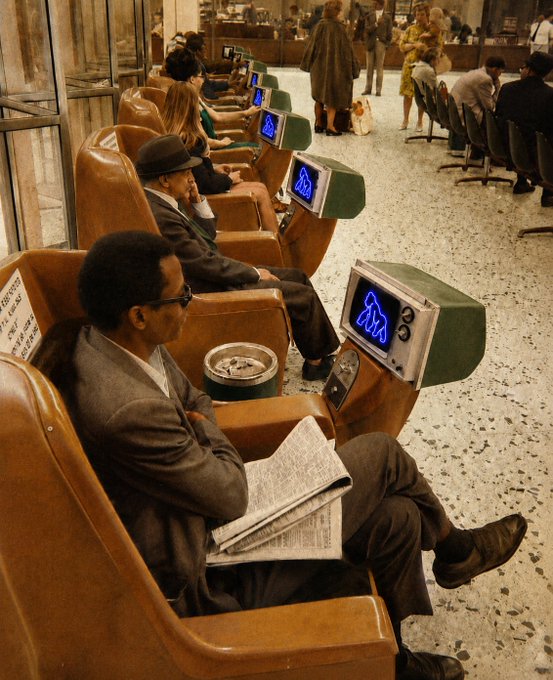 A row of men in suits relax in orange chairs at what appears to be a futuristic airport or transit terminal, each watching a blue stick-figure animation on small screens and reading newspapers. The image evokes a retro-futuristic vision of "staying tuned in" to market activity, complementing the $APE ticker reference.