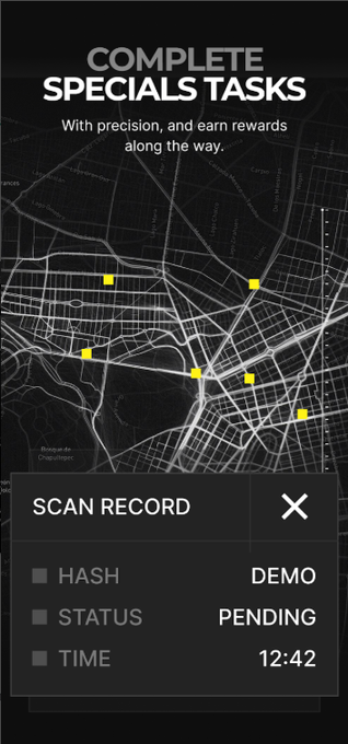 A mobile app interface for completing special tasks on a map, showing a scan record with a pending status and timestamp of 12:42.