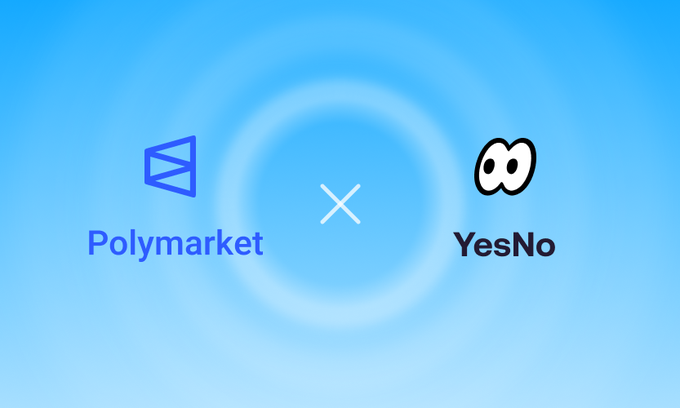A promotional graphic announcing a partnership between Polymarket and YesNo on a blue background.