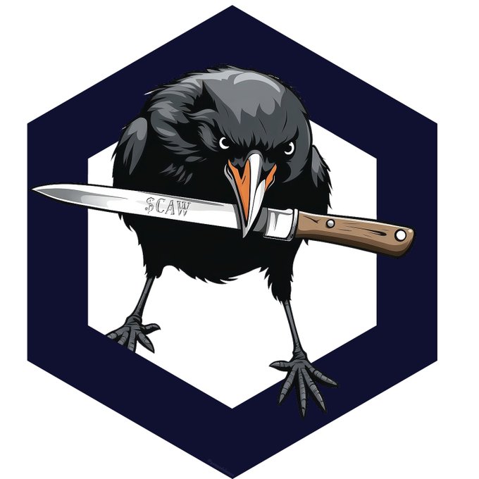 A logo features a fierce black crow holding a knife with "$CAW" engraved on the blade, set against a dark blue hexagonal background.