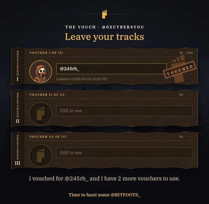 A 'Leave your tracks' voucher page from user @0XCYBER4YOU showing three Hunter's Vouchers, with the first one used to vouch for @245rb_ on 2026-09-18.