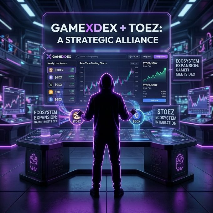 In the image, there is a man standing inside of a room with multiple screens that display charts for trading games such as GameXDex and Toez. The man appears to be playing one of these games while wearing a hoodie. He has two controllers in his hands. The main focus of the post is a graphic featuring an icon, which might be related to the game or its name. The text at the bottom of the image provides further context about the game being played and its relation to GameXDex.