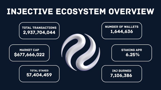 The image presents a visual representation of an ecological system overview, specifically focusing on Injektive ecosystems. The poster features various statistics and details about these ecosystems, such as total transactions, the number of wallets stored, the cost of those wallets, the number of stakes, and the total value of all stakes. 

The image showcases a white circle with a silver ring representing the central focus on Injektive ecosystems. The black background enhances the contrast between the white elements, making them stand out. This visually appealing design effectively conveys important information about these ecological systems in a clear and straightforward manner.
