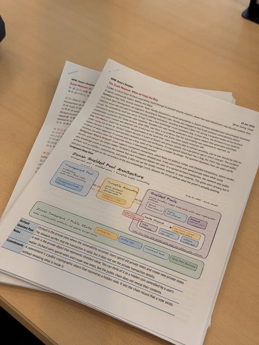 The image shows a stack of papers, possibly notes or a study guide for an event at WPReadingClub. The text on the papers appears to be in English but is not clear enough to determine the specific topic being discussed. The focus of the event seems to be on the topic of recent vulnerability incidents and how they relate to the concept of @Zcash, which is a type of cryptocurrency.