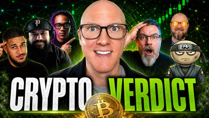 A video thumbnail titled 'CRYPTO VERDICT' features a bald man with glasses surrounded by various other people and characters, with a Bitcoin coin at the bottom.