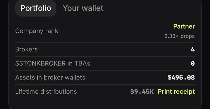 A "Portfolio" dashboard shows a "Partner" company rank with 3.33× drops, 4 brokers, $STONKBROKER TBAs at 0, $495.08 in broker wallets, and $9.45K in lifetime distributions with a "Print receipt" option. The image reflects the post's enthusiasm about earning as a stonkbroker, displaying the wallet metrics that represent those daily gains.