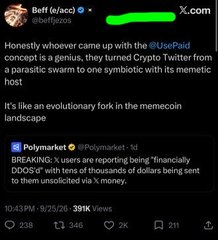 The image shows a tweet from "Beff (a/acc)" (@beffjezos) criticizing the use of "parasitic swarm" in the $USEPaid meme coin context, who recently turned Crypto Twitter into a "symbiotic with its memetic host." The post also references a Polymarket tweet asking "when are we reporting being financially DOOMED?" as people send their uncollected money to the scam. This relates to the accompanying commentary highlighting how someone quickly shifted from promoting a product to calling for government regulation after witnessing 24 hours of crypto scams and rugs.