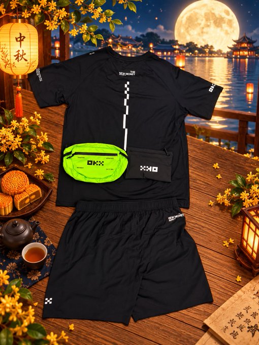 Flat lay of a black 'DEEP MONKEY' branded athletic outfit with a neon green fanny pack, styled on a wooden table with mooncakes and tea against a Mid-Autumn Festival background featuring '中秋' lanterns.
