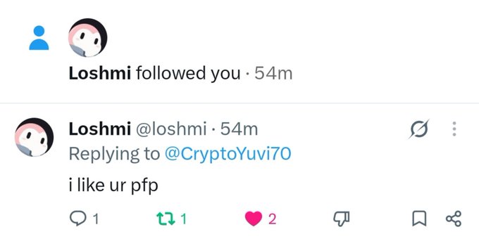 A Twitter/X notification shows that user 'Loshmi' followed the account and replied to @CryptoYuvi70 saying 'i like ur pfp'.