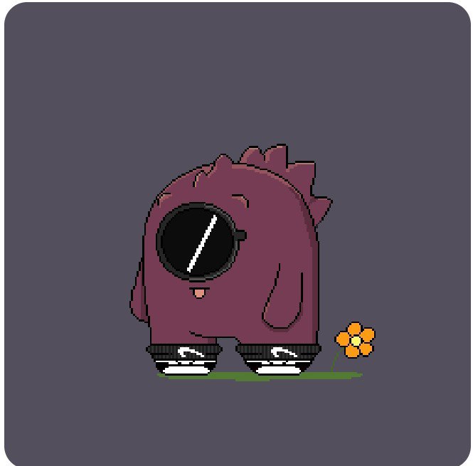 A purple Among Us character with a large black goggle/lens, wearing sneakers, standing next to a small orange flower on a gray background.