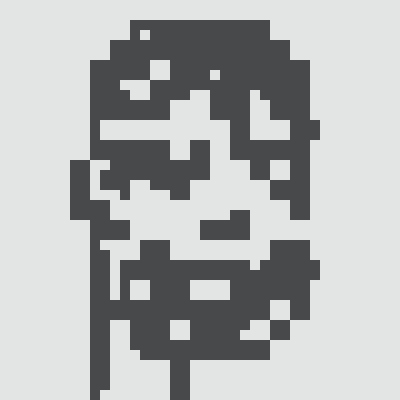 A heavily pixelated, grayscale portrait-style icon of a character wearing glasses.