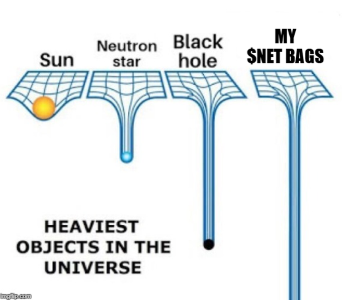 A meme showing funnel diagrams representing the 'HEAVIEST OBJECTS IN THE UNIVERSE' - Sun, Neutron star, Black hole, and 'MY $NET BAGS' depicted as having the deepest gravity well.