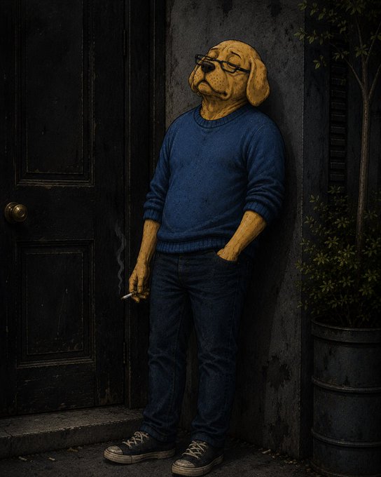 An illustrated artwork depicting an anthropomorphic dog wearing glasses, a blue sweater, and jeans, casually leaning against a dark door while holding a cigarette.