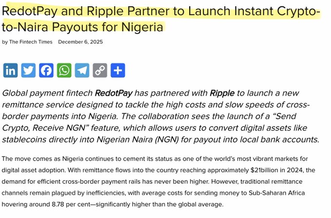 The image includes a yellow banner at the top that reads "REDOTPAY AND RIDDLESPARTNER TO LAUNCH INSTANT CRYPTo-NAIRA PAYOUTS FOR NIGERIA". Below this, there is text providing information about Bitcoin and Ripple transactions for Nigeria. The image also shows social media icons such as '@redotpay' and '@riplespartner'.