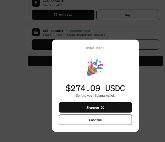 A "USDC DROP" pop-up from MoonPay's paybox service shows a $274.09 USDC amount with a party popper graphic, indicating that the user successfully received a cryptocurrency deposit to their Solana wallet (sol-default) after waiting through the night.