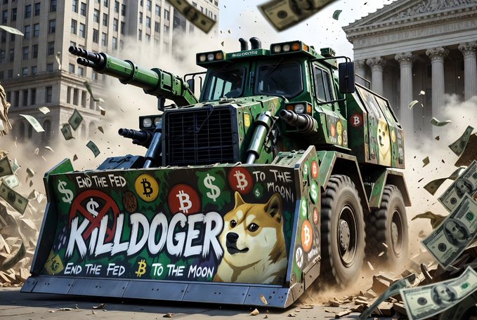 The image features an advertisement for Bitcoin that includes a green military truck with a large gun barrel painted on its side. The truck has a message written on it, which reads "I'm a proud supporter of both Dogecoin and Liberty— and the two go hand-in-hand perfectly". The truck is surrounded by piles of money, suggesting that it might be promoting Bitcoin as a means to support freedom or resist government control.