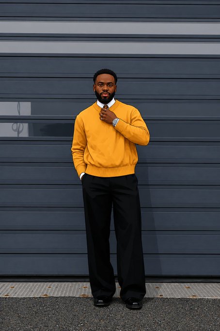 A man poses against a gray industrial garage door wearing a mustard yellow sweater over a white collared shirt, paired with black wide-leg trousers, adjusting his tie with a watch visible on his wrist. His polished, confident look captures a stylish and upbeat "good morning, happy Friday" vibe.